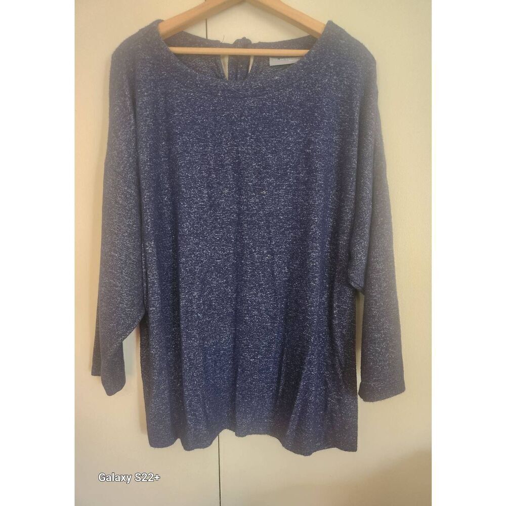 S49 Susan Graver Lifestyle blue sweater w 3/4 dolman sleeves & tie at back neck